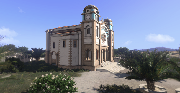 Cette église est assez rare sur Altis, et elle ne se visite pas. Seuls les différents porches sont accessibles au joueur.